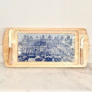 New Wrapped Amsterdam Delft Blue Ceramic Tile Wooden Cutting Cheese Board Knives